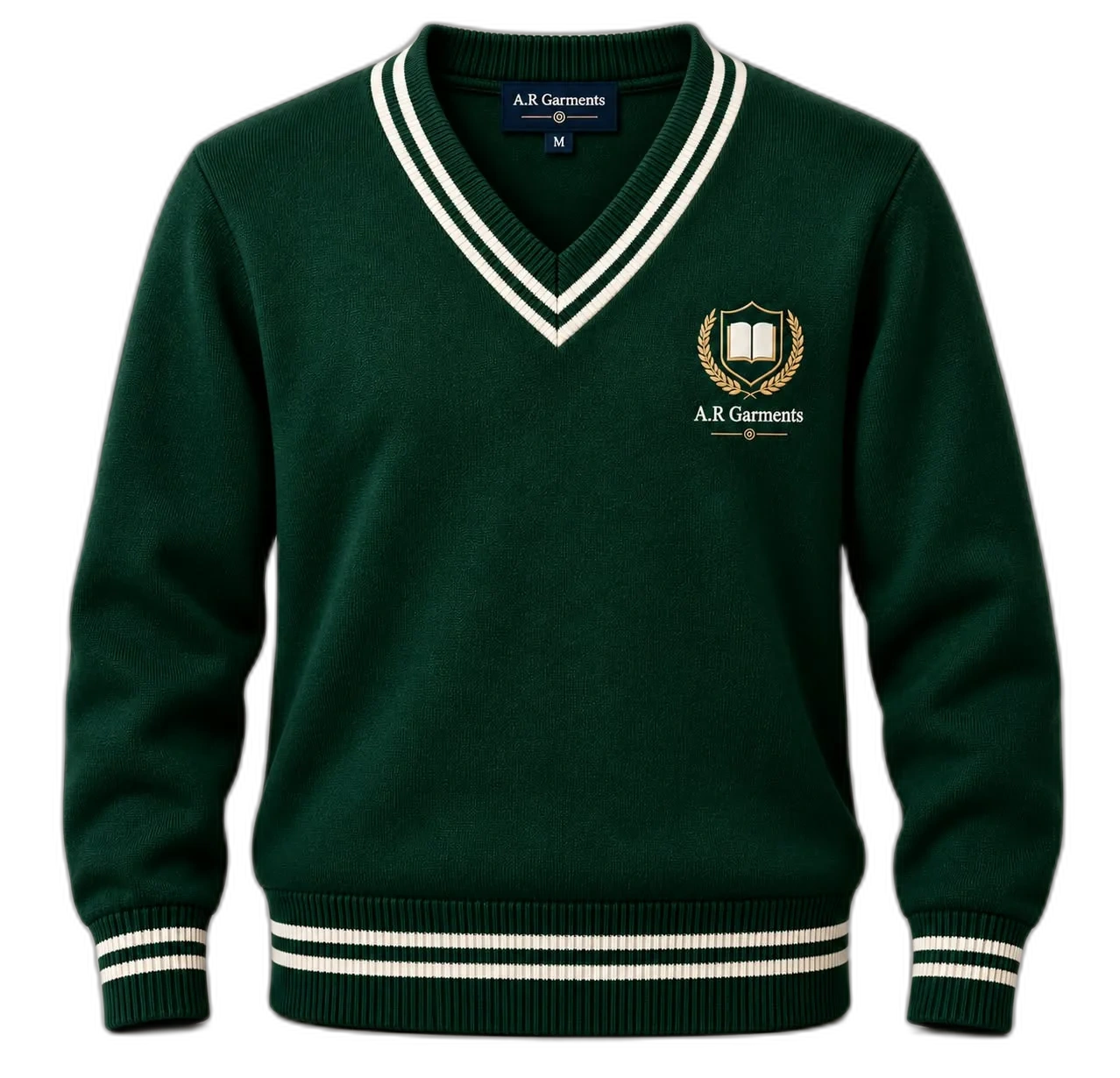 Bottle green V-neck full-sleeve school sweater